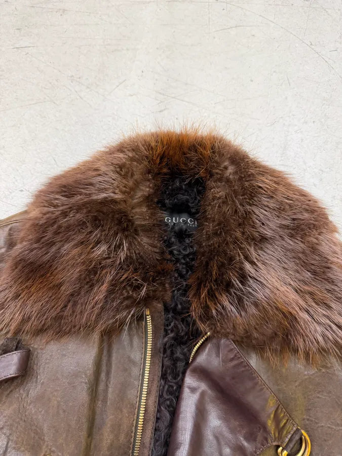 AW2008 Gucci Brown Leather Fur-Collar Jacket by Frida Giannini yfRwNTg 13