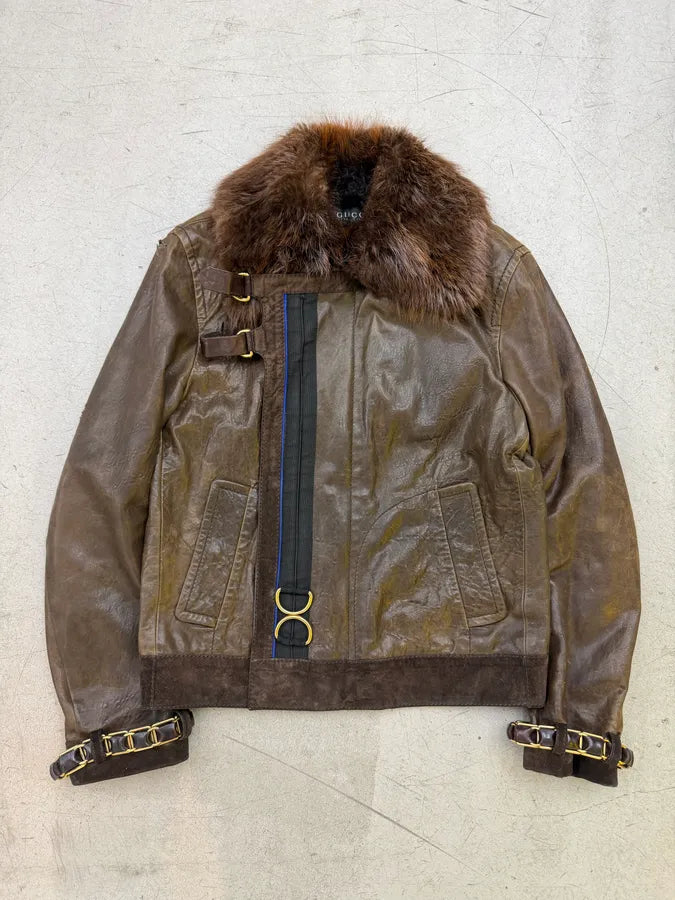AW2008 Gucci Brown Leather Fur-Collar Jacket by Frida Giannini yfRwNTg 7