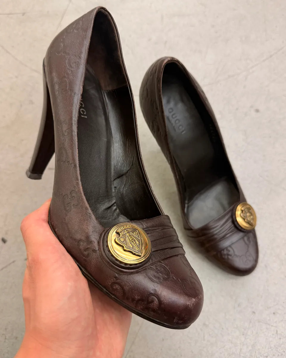 AW2008 Gucci Brown Leather Medallion Heels by Frida Giannini DHcuSSR 0