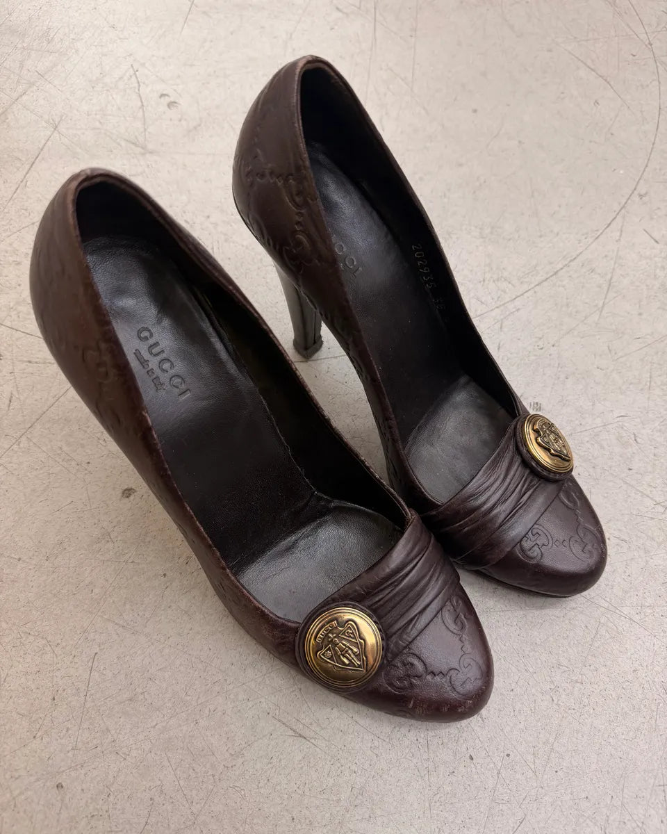 AW2008 Gucci Brown Leather Medallion Heels by Frida Giannini DHcuSSR 1