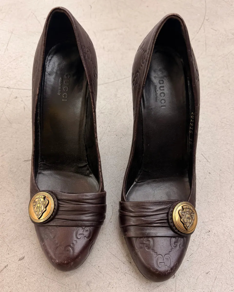 AW2008 Gucci Brown Leather Medallion Heels by Frida Giannini DHcuSSR 2