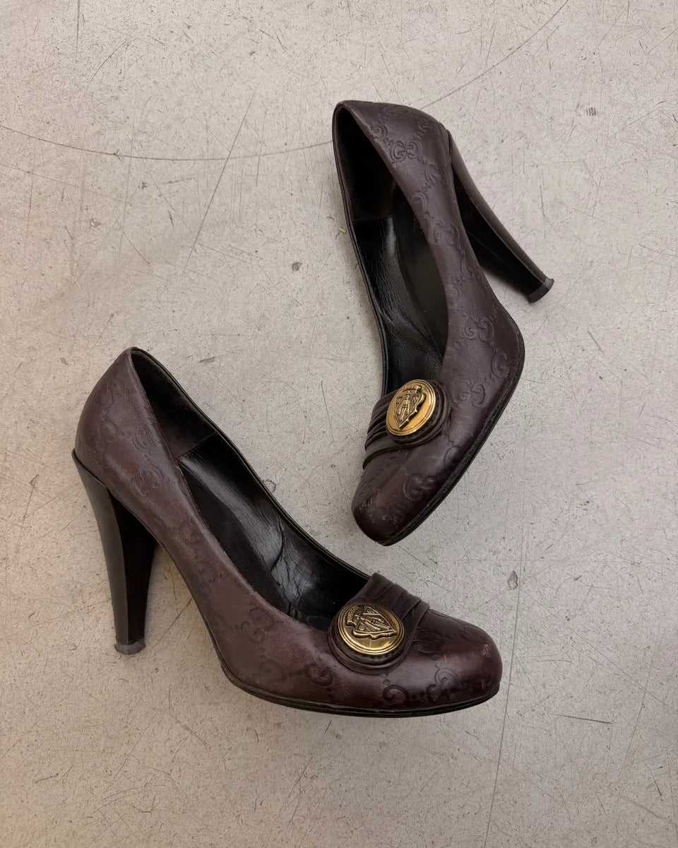 AW2008 Gucci Brown Leather Medallion Heels by Frida Giannini DHcuSSR 3