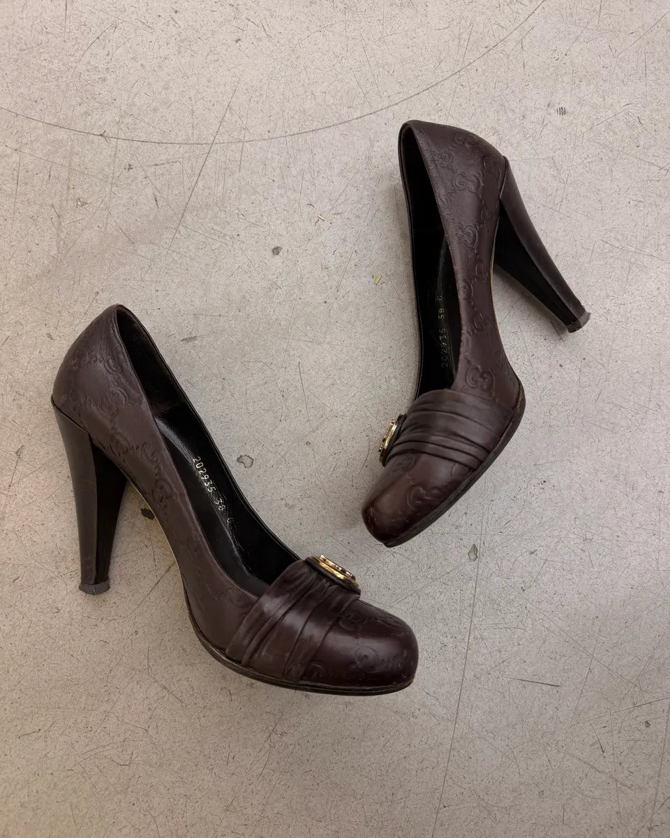 AW2008 Gucci Brown Leather Medallion Heels by Frida Giannini DHcuSSR 4