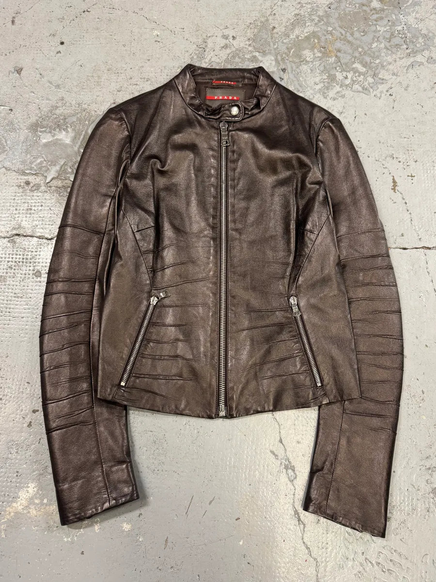 AW2008 Prada Brown Plissed Leather Biker Jacket lsXVYHX 0