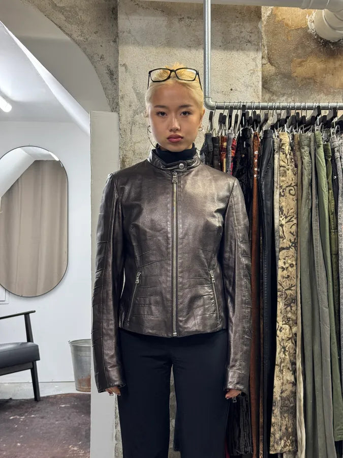 AW2008 Prada Brown Plissed Leather Biker Jacket lsXVYHX 1