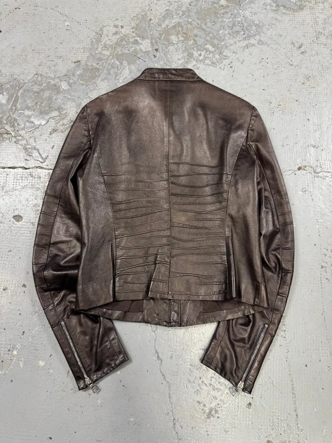 AW2008 Prada Brown Plissed Leather Biker Jacket lsXVYHX 3