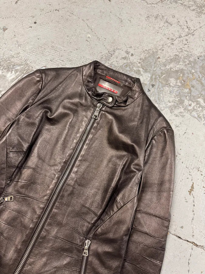 AW2008 Prada Brown Plissed Leather Biker Jacket lsXVYHX 4
