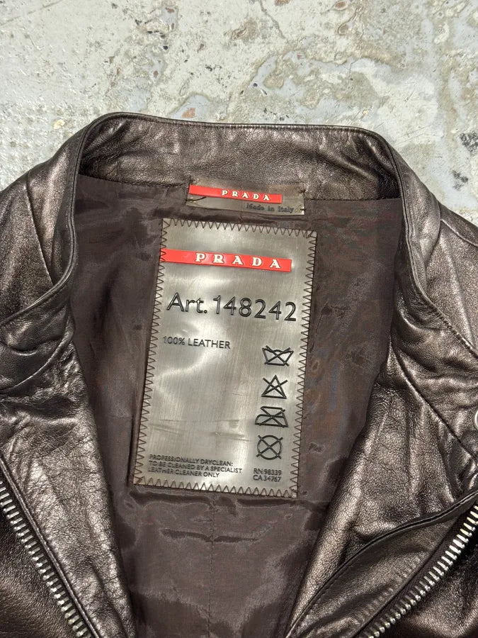 AW2008 Prada Brown Plissed Leather Biker Jacket lsXVYHX 5