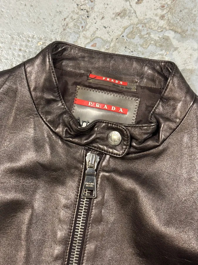 AW2008 Prada Brown Plissed Leather Biker Jacket lsXVYHX 6