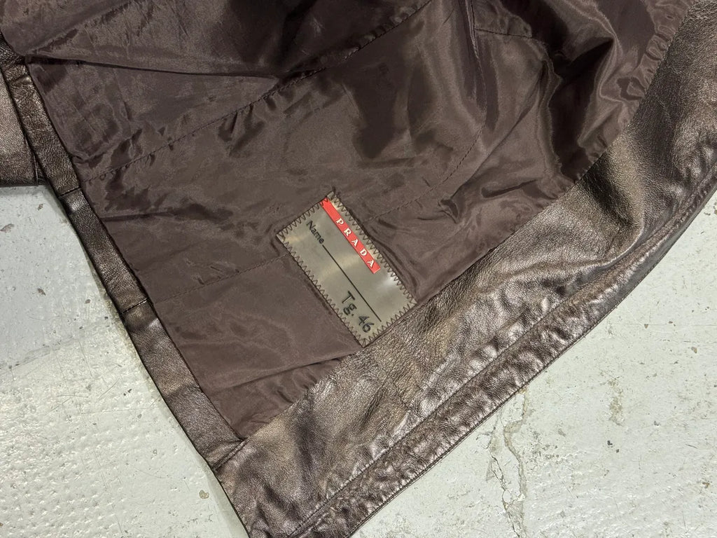 AW2008 Prada Brown Plissed Leather Biker Jacket lsXVYHX 7