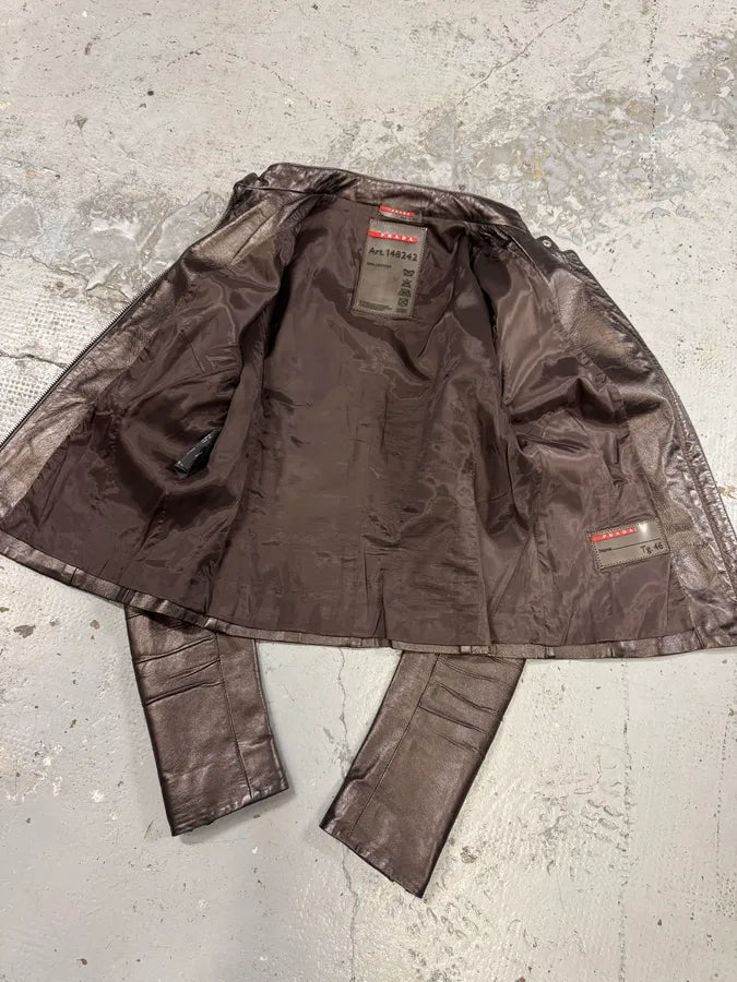 AW2008 Prada Brown Plissed Leather Biker Jacket lsXVYHX 8