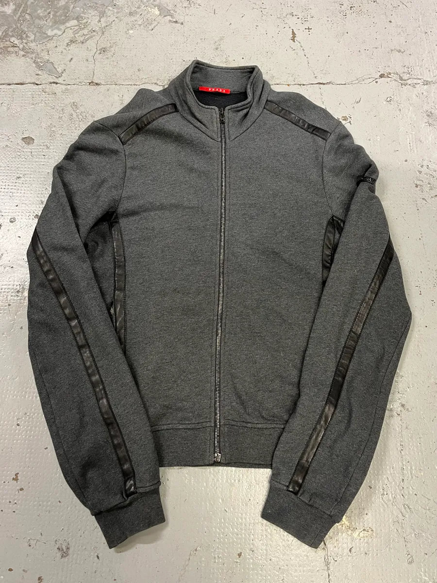 AW2008 Prada Leather Stripes Grey Zip-Up Sweater tlFmSHd 0