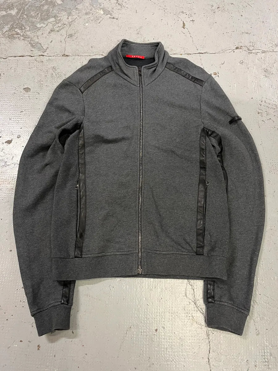 AW2008 Prada Leather Stripes Grey Zip-Up Sweater tlFmSHd 3