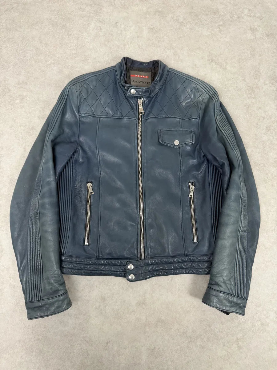 AW2008 Prada Navy Biker Leather Jacket BweZZkm 0