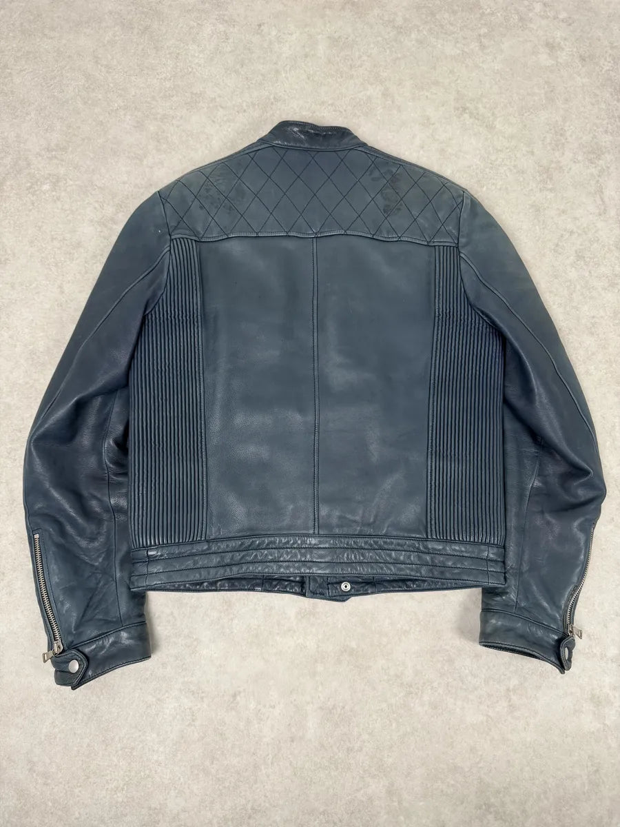 AW2008 Prada Navy Biker Leather Jacket BweZZkm 1