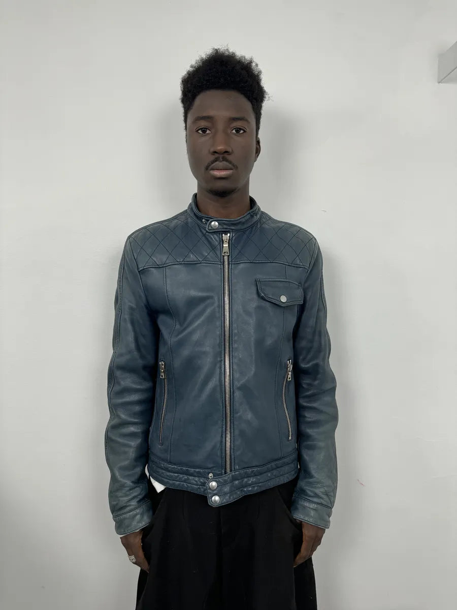 AW2008 Prada Navy Biker Leather Jacket BweZZkm 2