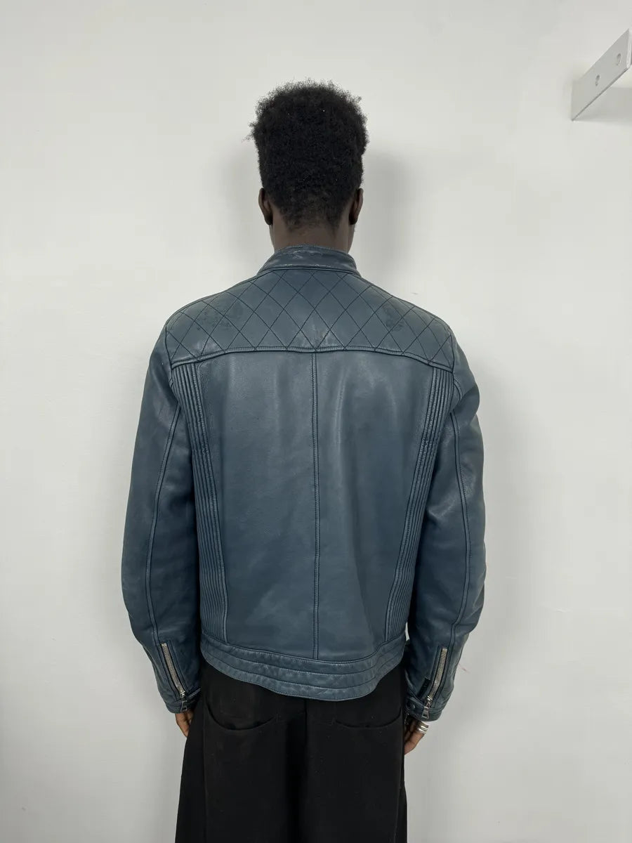 AW2008 Prada Navy Biker Leather Jacket BweZZkm 3