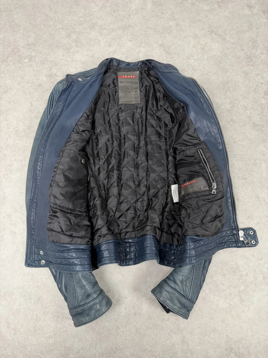 AW2008 Prada Navy Biker Leather Jacket BweZZkm 4