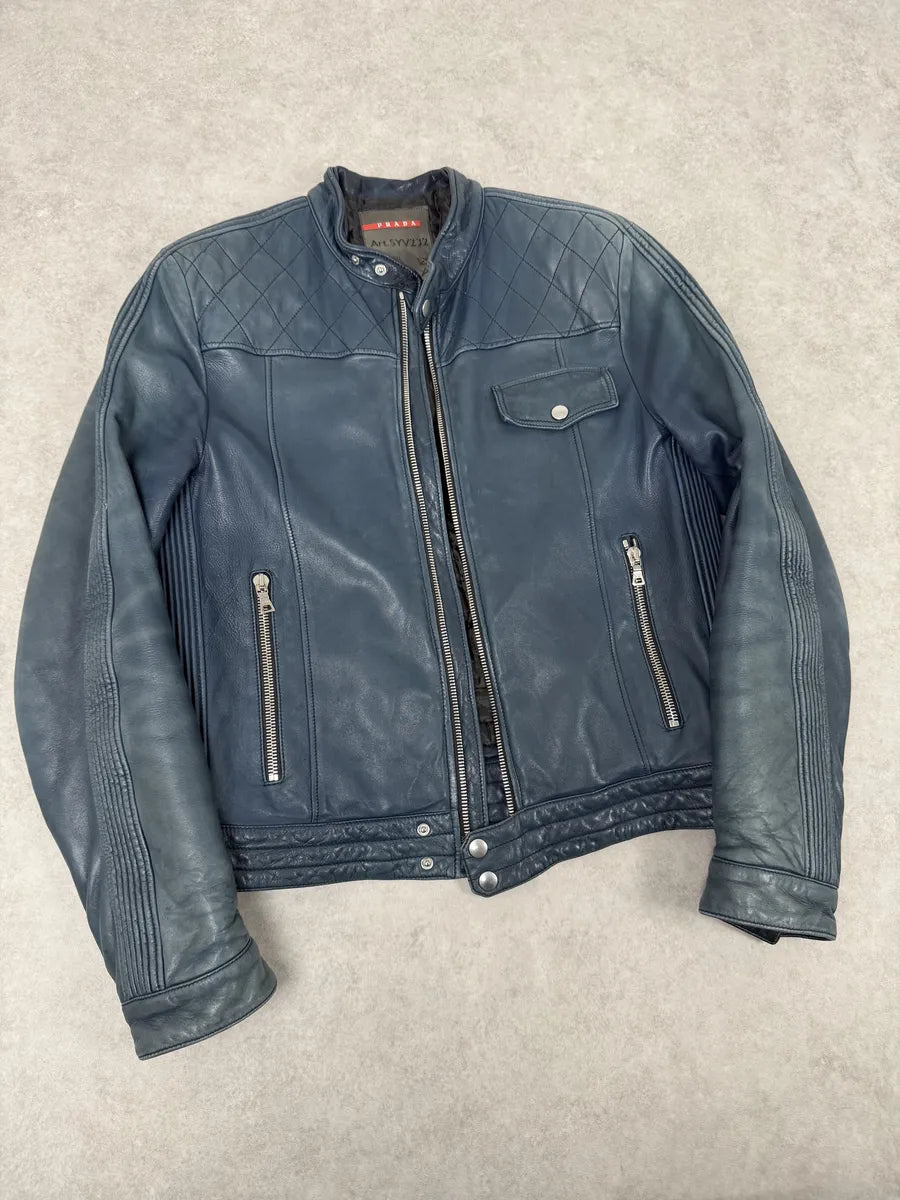 AW2008 Prada Navy Biker Leather Jacket BweZZkm 5