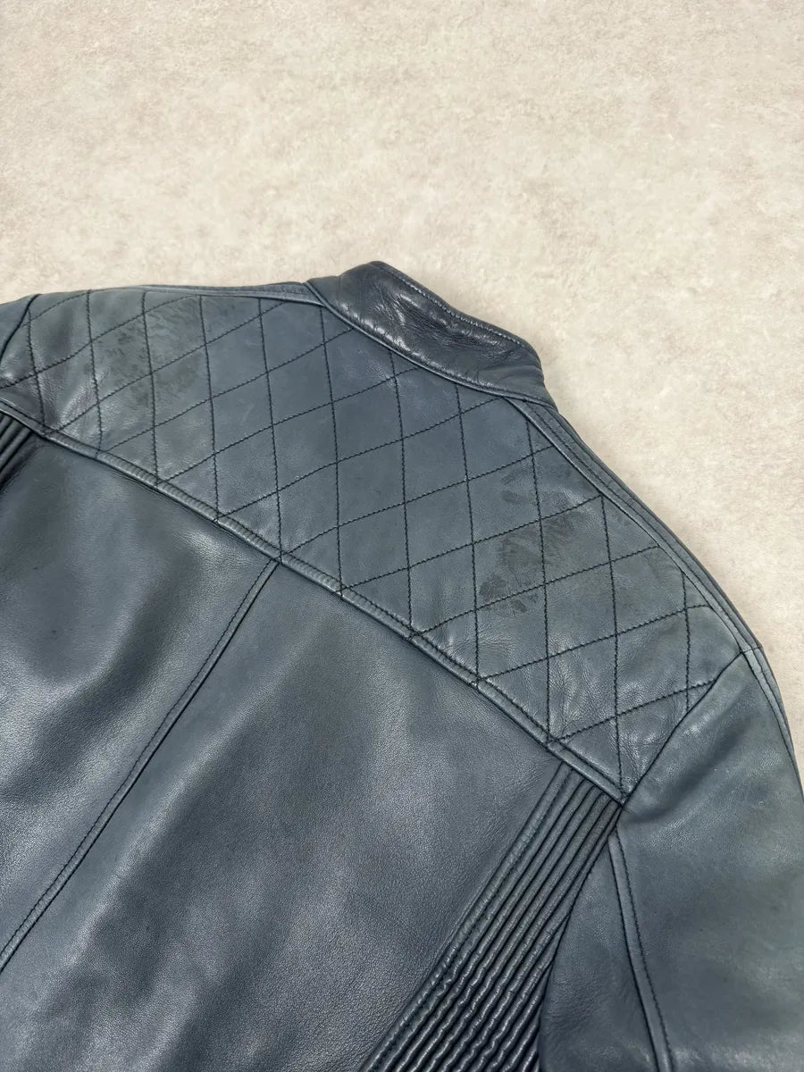 AW2008 Prada Navy Biker Leather Jacket BweZZkm 6