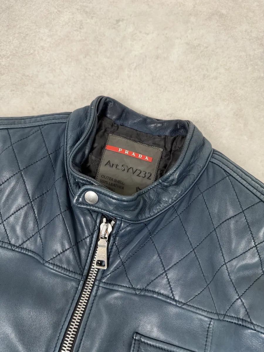 AW2008 Prada Navy Biker Leather Jacket BweZZkm 7