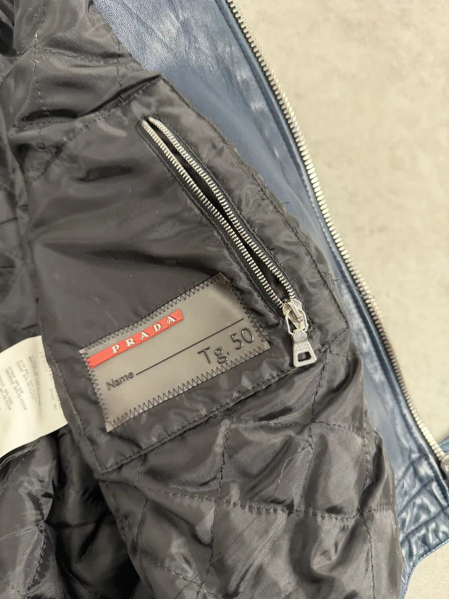 AW2008 Prada Navy Biker Leather Jacket BweZZkm 9