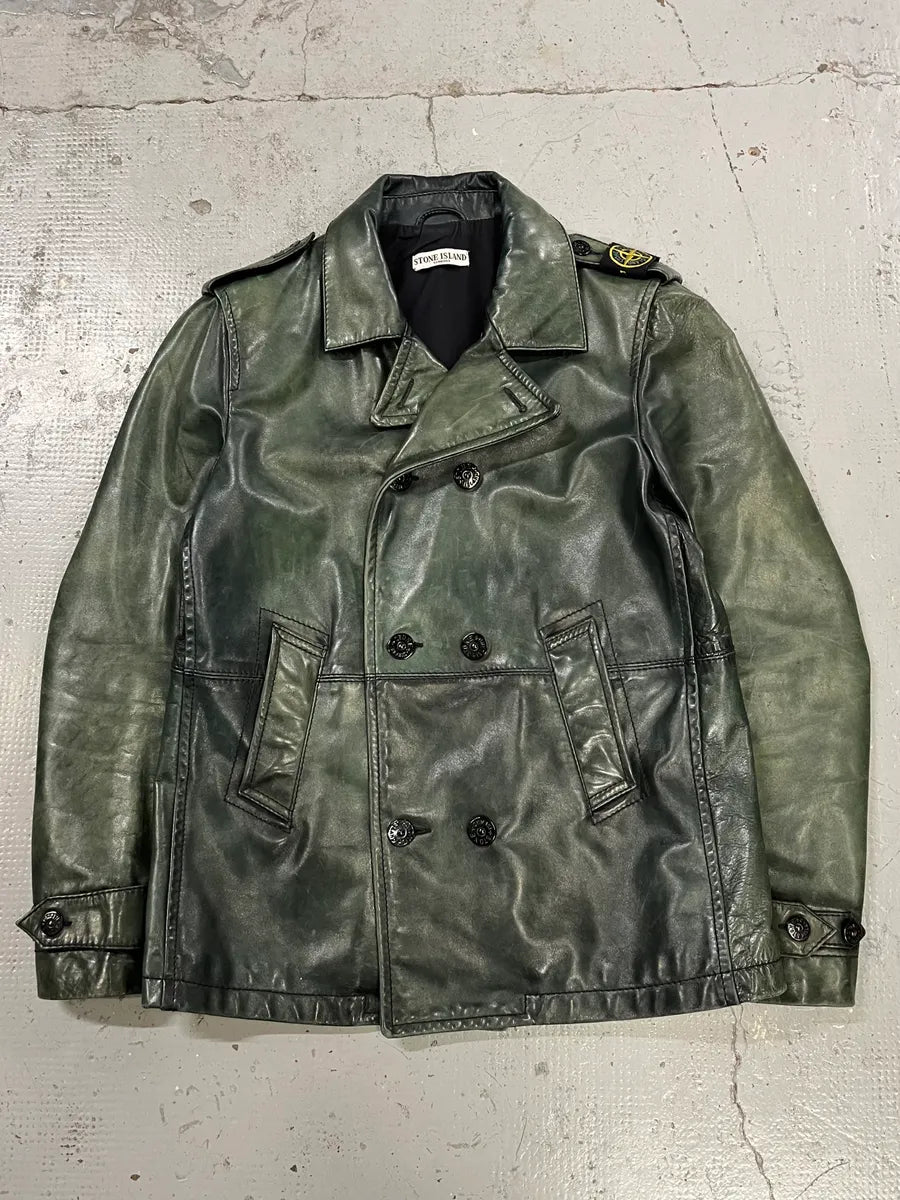 AW2008 Stone Island Green Patina Leather Eroded Green Officer Jacket fKcYXIc 0