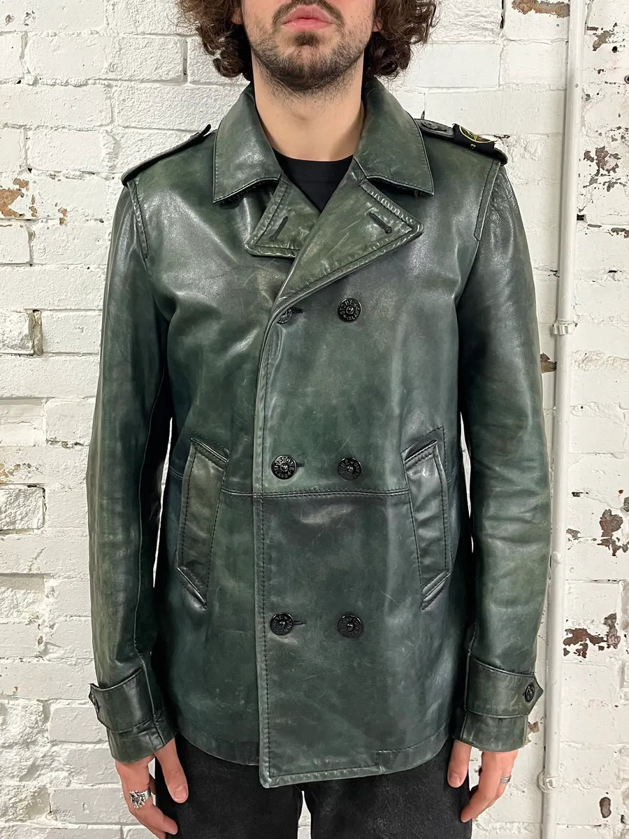 AW2008 Stone Island Green Patina Leather Eroded Green Officer Jacket fKcYXIc 1