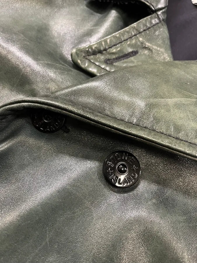 AW2008 Stone Island Green Patina Leather Eroded Green Officer Jacket fKcYXIc 12