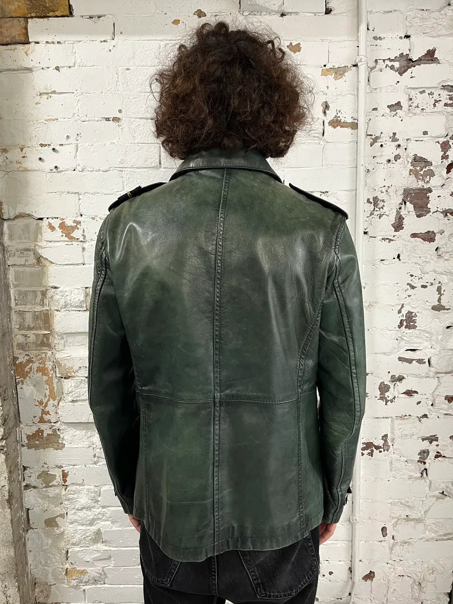 AW2008 Stone Island Green Patina Leather Eroded Green Officer Jacket fKcYXIc 2