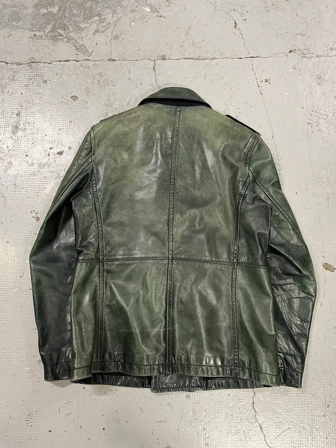 AW2008 Stone Island Green Patina Leather Eroded Green Officer Jacket fKcYXIc 3