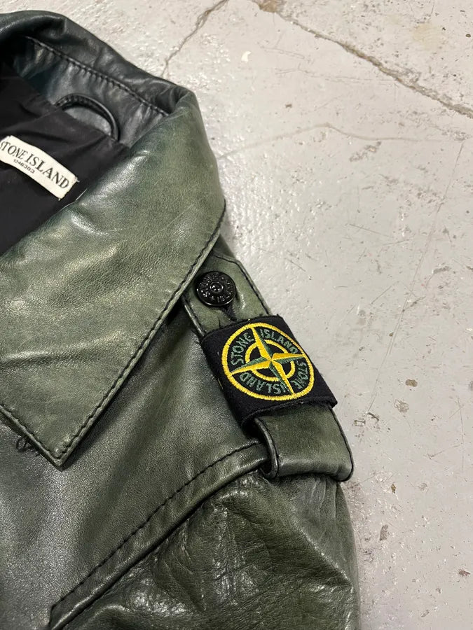 AW2008 Stone Island Green Patina Leather Eroded Green Officer Jacket fKcYXIc 4