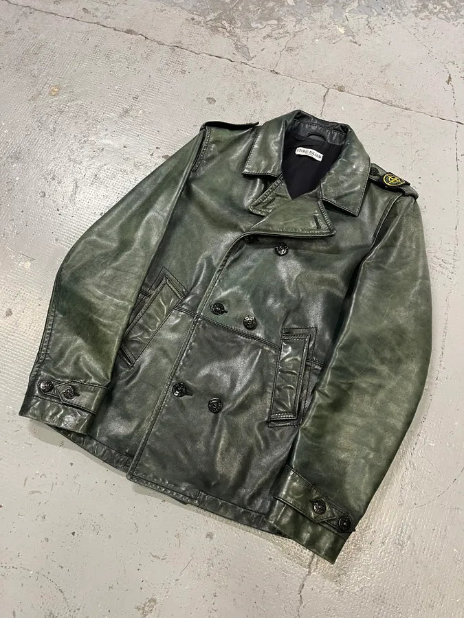 AW2008 Stone Island Green Patina Leather Eroded Green Officer Jacket fKcYXIc 5