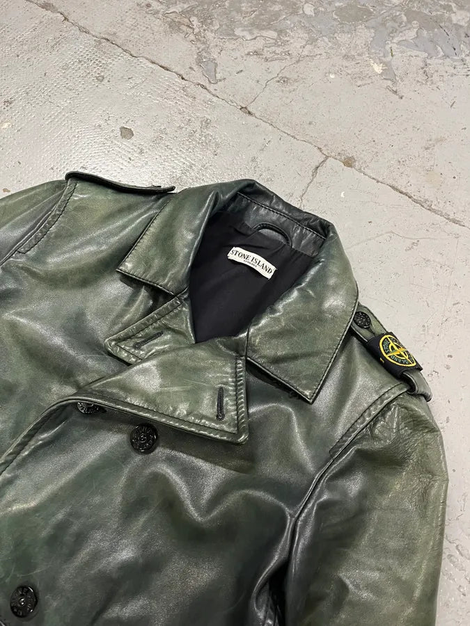 AW2008 Stone Island Green Patina Leather Eroded Green Officer Jacket fKcYXIc 6