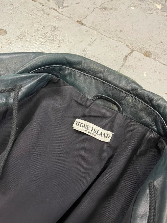 AW2008 Stone Island Green Patina Leather Eroded Green Officer Jacket fKcYXIc 8