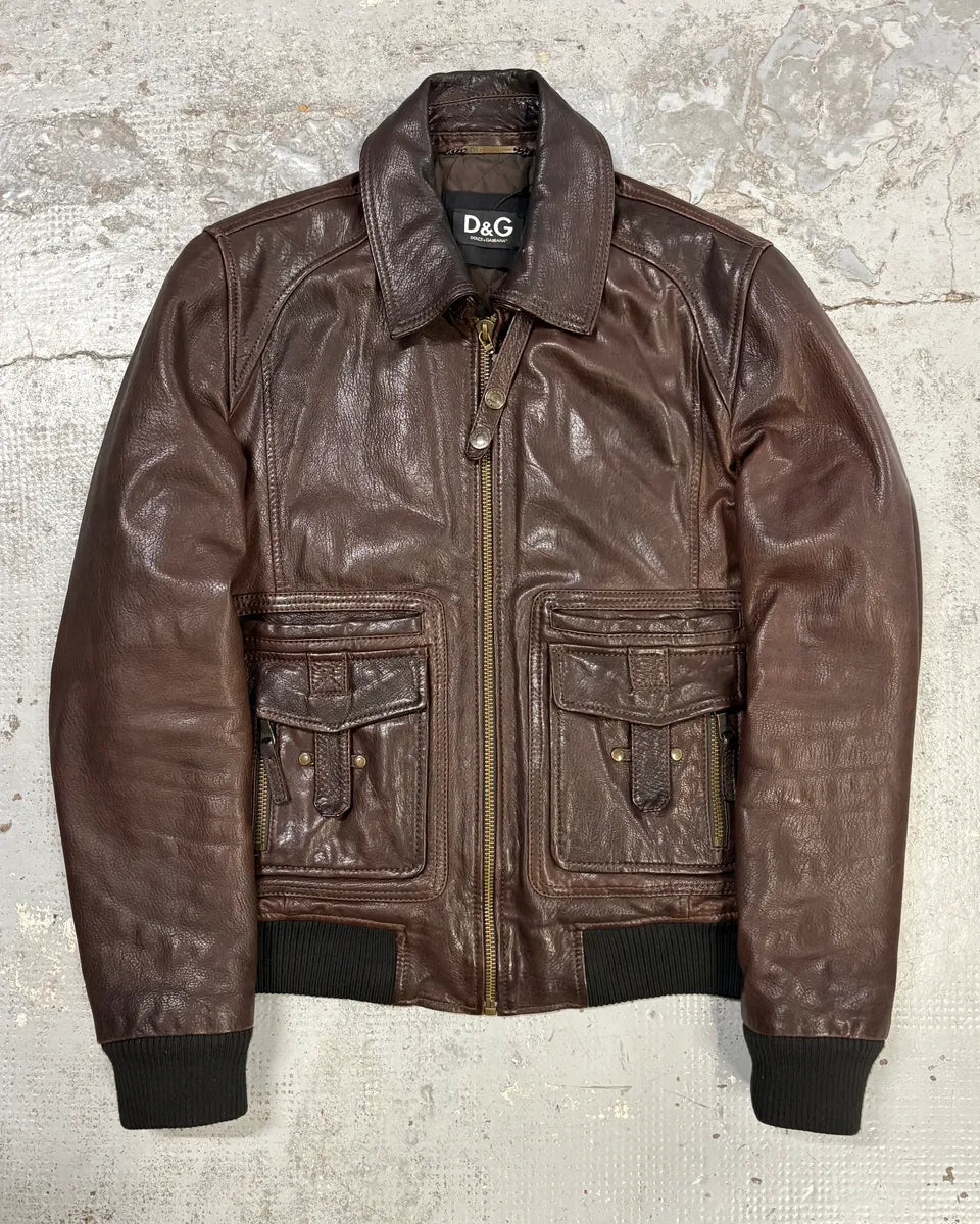 AW2009 Dolce & Gabbana Brown Leather Aviator Bomber Jacket ycOhiNc 0