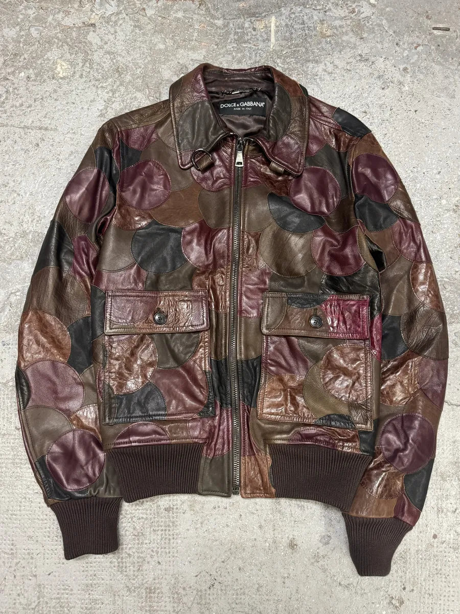 AW2008 Dolce & Gabbana Patchwork Circle Burgundy Leather Jacket AUzyEwC 5