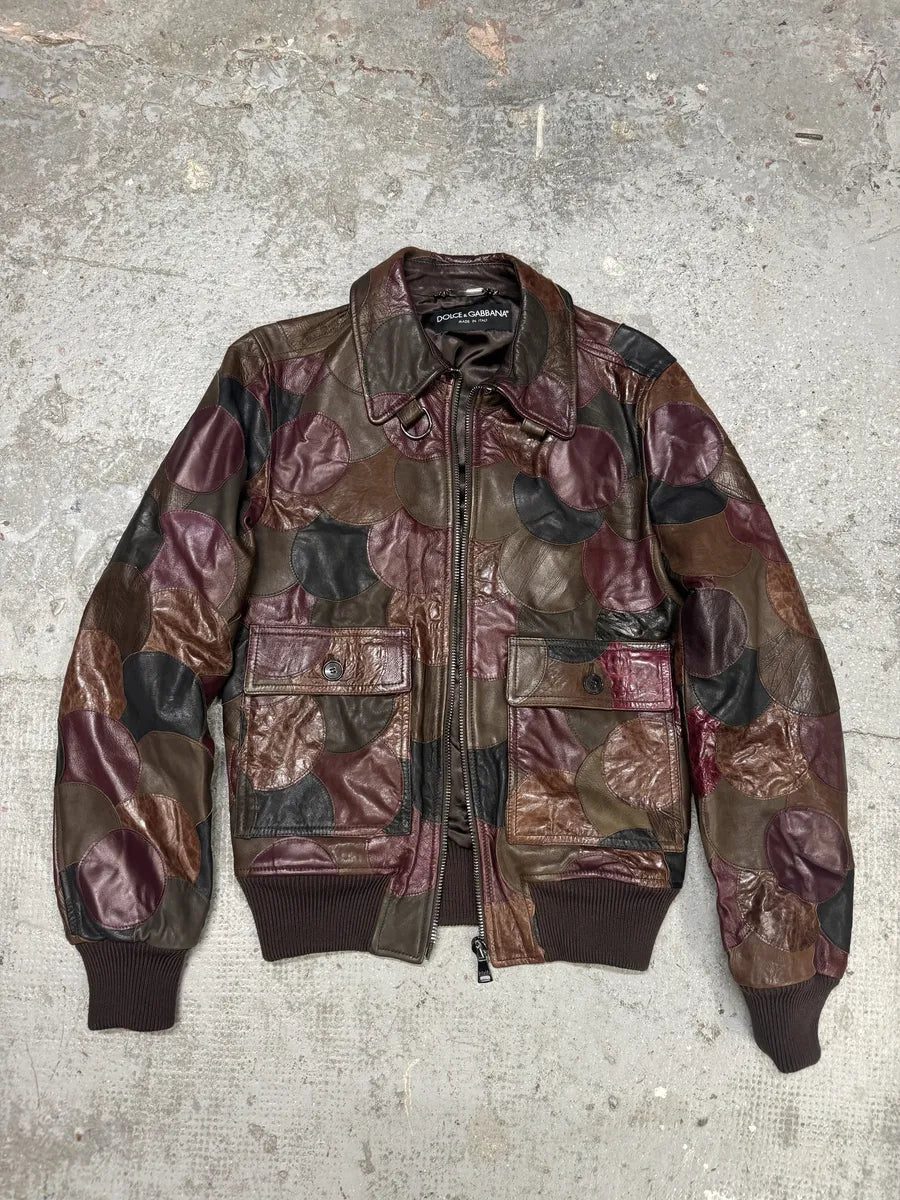 AW2008 Dolce & Gabbana Patchwork Circle Burgundy Leather Jacket AUzyEwC 8