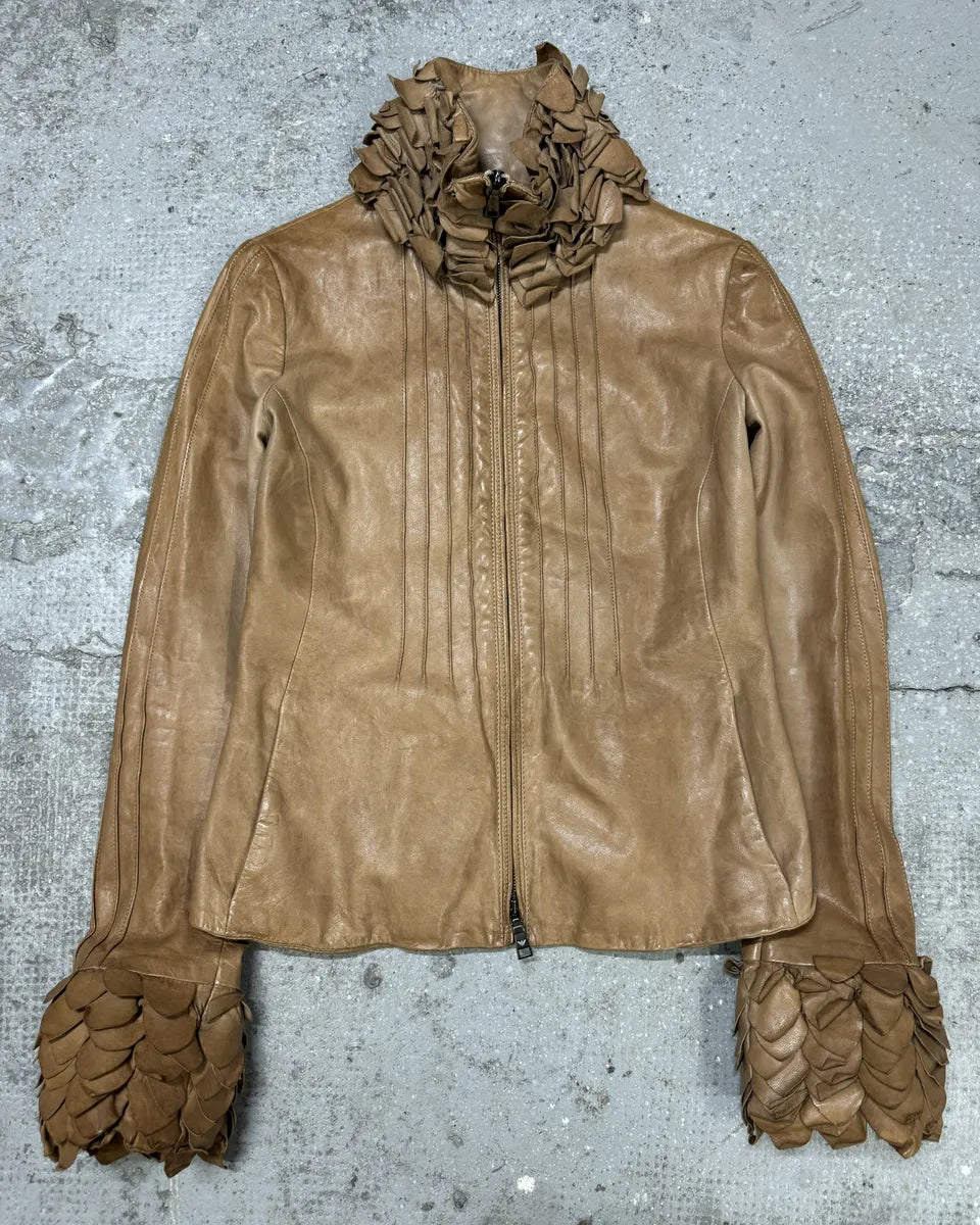 AW2009 Emporio Armani Beige Floral Neck & Wrists Leather Jacket