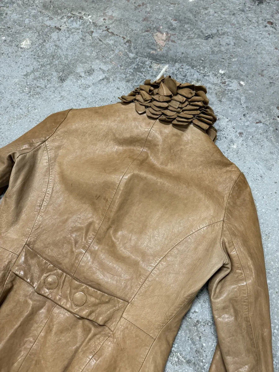 AW2009 Emporio Armani Beige Floral Neck & Wrists Leather Jacket (S/M) 3