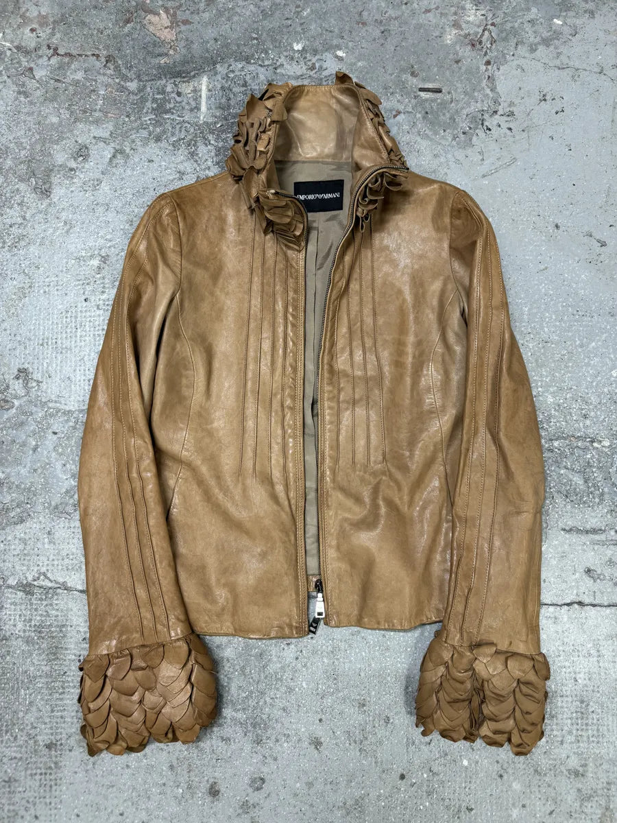 AW2009 Emporio Armani Beige Floral Neck & Wrists Leather Jacket (S/M) 5