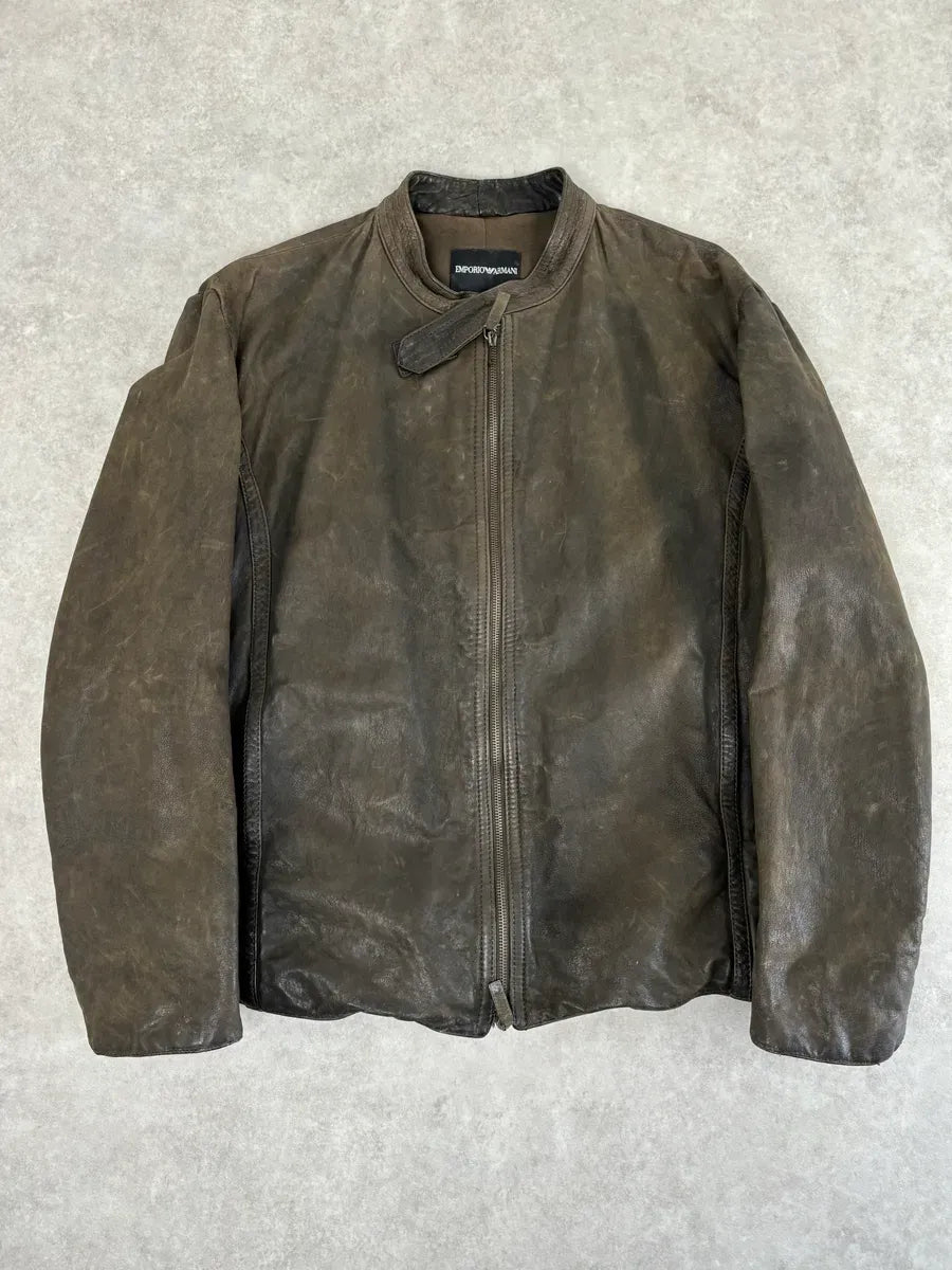 AW2009 Emporio Armani Brown Leather Wool Embelishments Jacket xpvCfAp 0