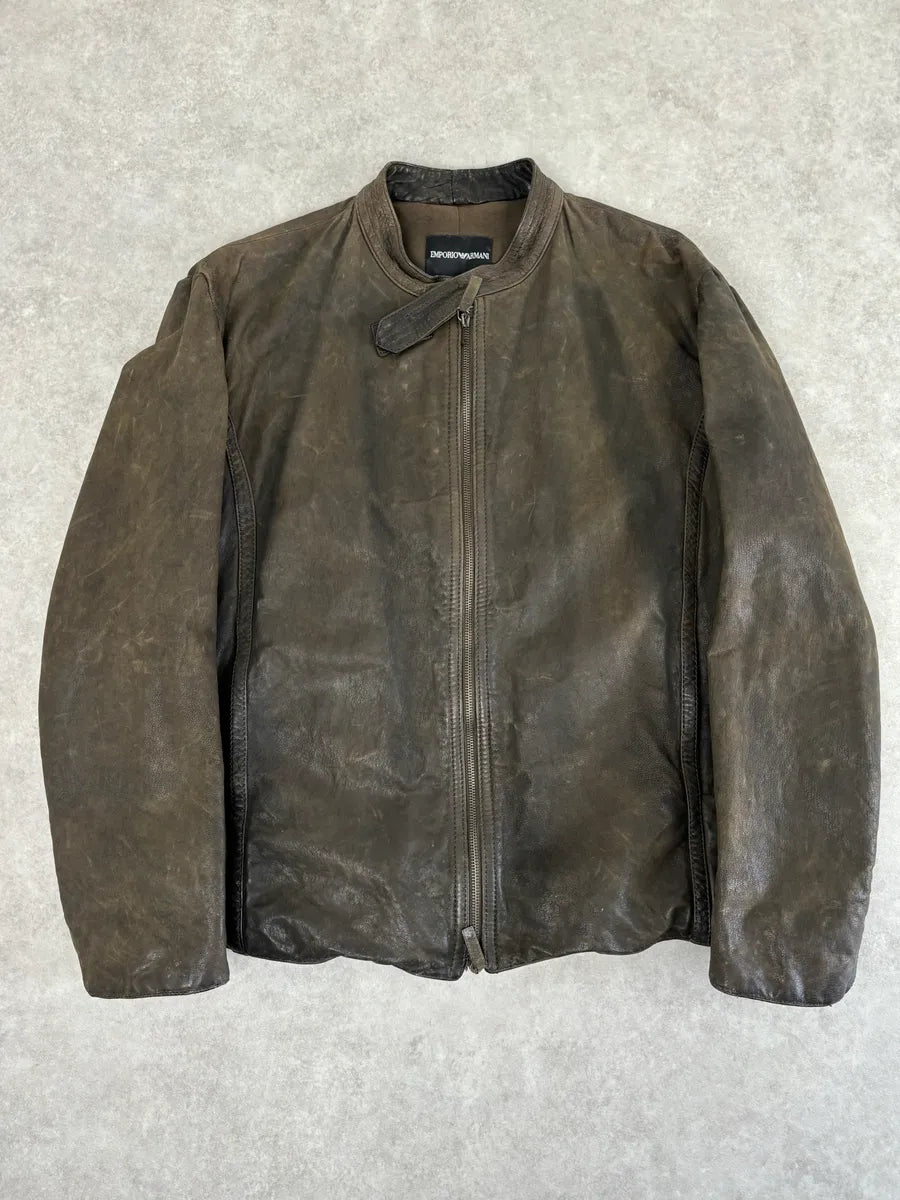 AW2009 Emporio Armani Brown Leather Wool Embelishments Jacket xpvCfAp 0