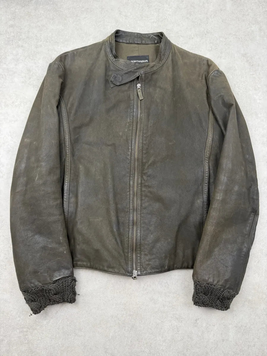 AW2009 Emporio Armani Leather & Wool Brown Eroded Biker Jacket SLaDBDc 0