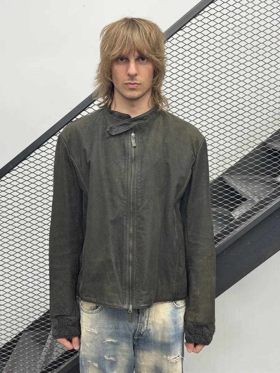 AW2009 Emporio Armani Leather & Wool Brown Eroded Biker Jacket SLaDBDc 2