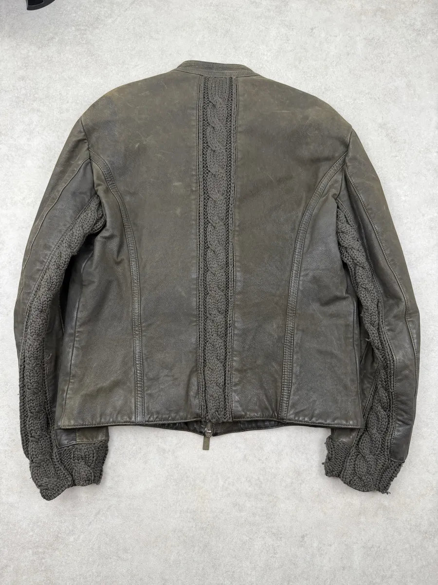 AW2009 Emporio Armani Leather & Wool Brown Eroded Biker Jacket SLaDBDc 5