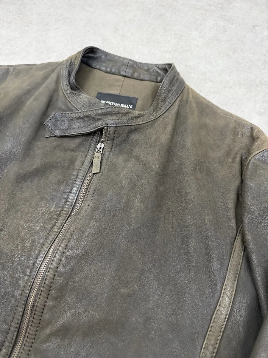 AW2009 Emporio Armani Leather & Wool Brown Eroded Biker Jacket SLaDBDc 6