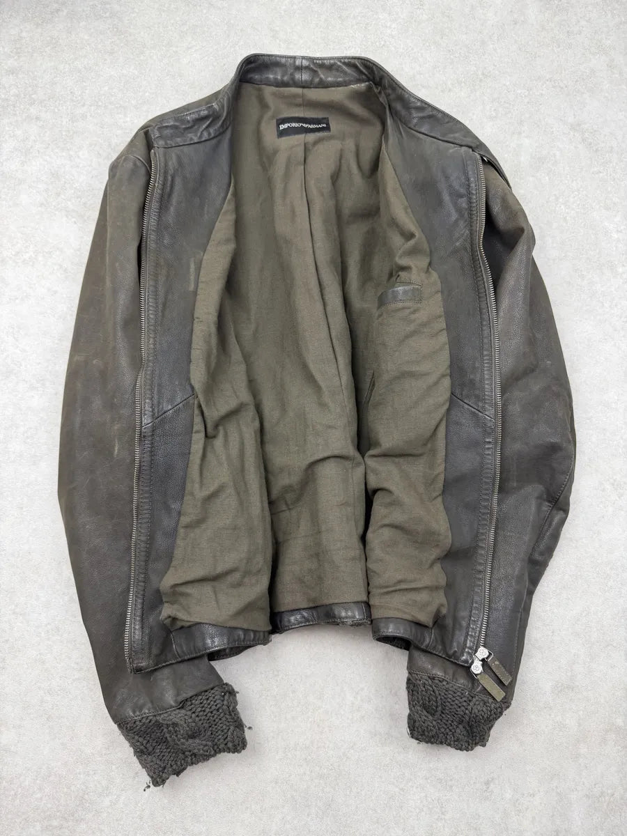 AW2009 Emporio Armani Leather & Wool Brown Eroded Biker Jacket SLaDBDc 8