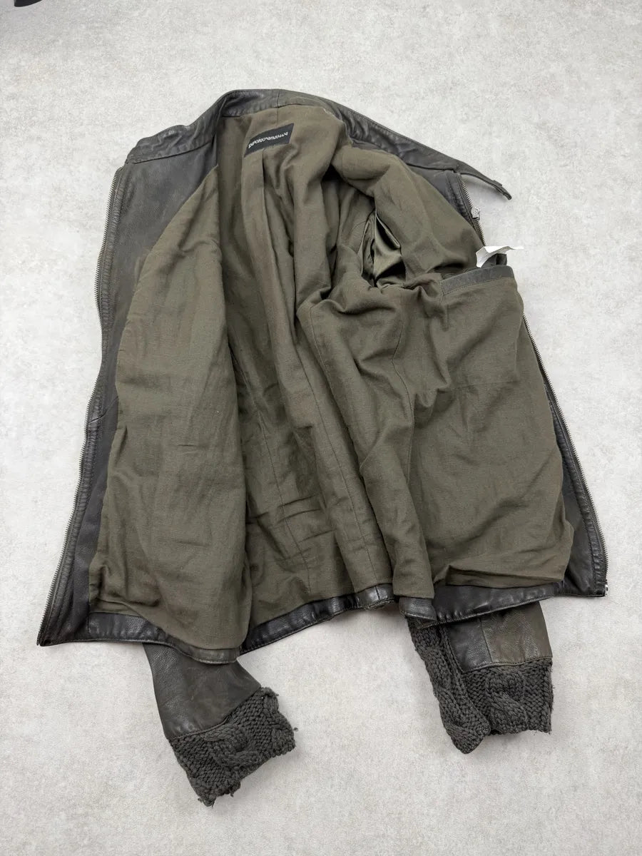 AW2009 Emporio Armani Leather & Wool Brown Eroded Biker Jacket SLaDBDc 9