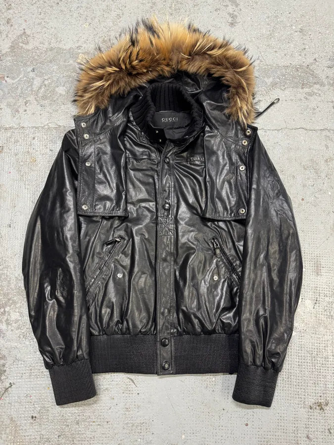 AW2009 Gucci Black Contemporary Fur Hooded Leather Jacket seFSsSj 0
